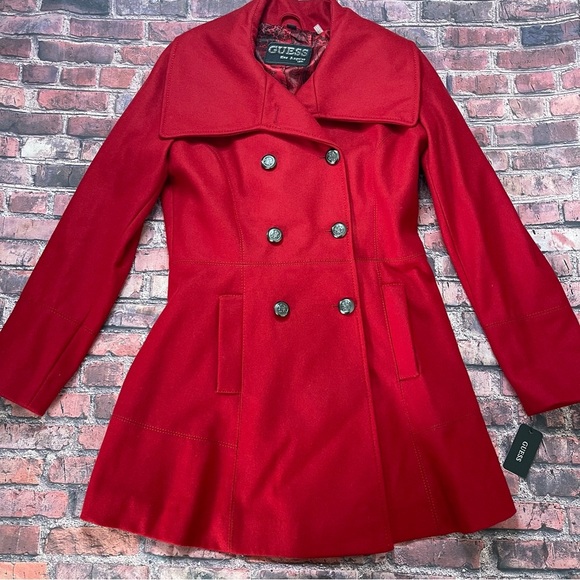 Guess Jackets & Blazers - Guess Los Angeles Wool Blend Red Coat Military Inspired Size Large Double Breast